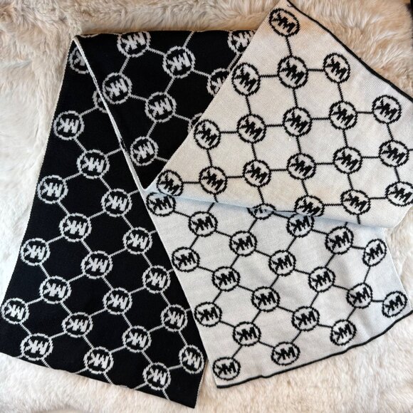 Michael Kors Knit Beanie & Scarf Set Black White Logo Pattern O/S NWT - Picture 4 of 6
